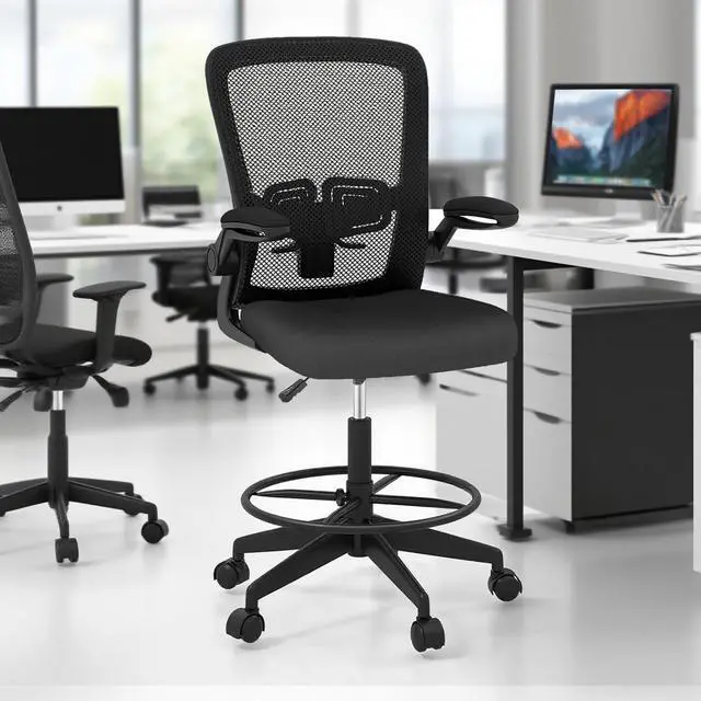 Alt view image 2 of 7 - Ergonomic Tall Office Chair with Adjustable Footrest, Black 1PCS | Drafting Chair Mesh High Back Desk Chair, Flip-up Armrests, 3IN 3D Foam Cushion, Adjustable Back Support for Home Office