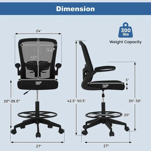 Alt view image 3 of 7 - Ergonomic Tall Office Chair with Adjustable Footrest, Black 1PCS | Drafting Chair Mesh High Back Desk Chair, Flip-up Armrests, 3IN 3D Foam Cushion, Adjustable Back Support for Home Office