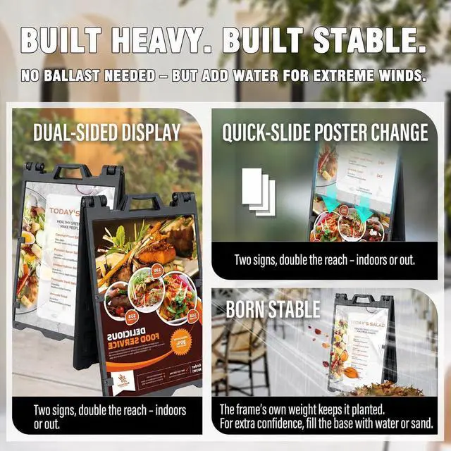 Alt view image 4 of 6 - A Frame Sidewalk Signs for Advertising, 24"x36" Double Sided Heavy Duty Portable Folding Sign Boards with Fillable Base for Restaurants, Retail Stores, Cafes and Street Outdoor (1 Pack)
