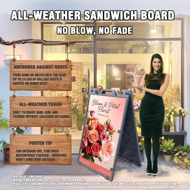 Alt view image 3 of 6 - A Frame Sidewalk Signs for Advertising, 24"x36" Double Sided Heavy Duty Portable Folding Sign Boards with Fillable Base for Restaurants, Retail Stores, Cafes and Street Outdoor (1 Pack)