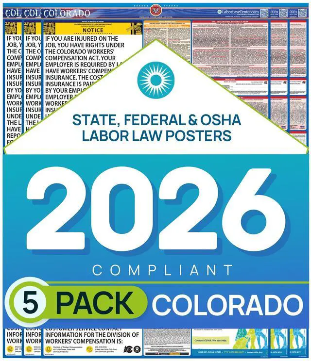 Main image of Labor Law Posters Colorado 2026, 5-Pack, State, Federal Workplace Notices | Colorado State Federal Workplace Notices With OSHA, EEOC, FMLA, Minimum Wage, HR Office, Worksite, Employee Posting Details