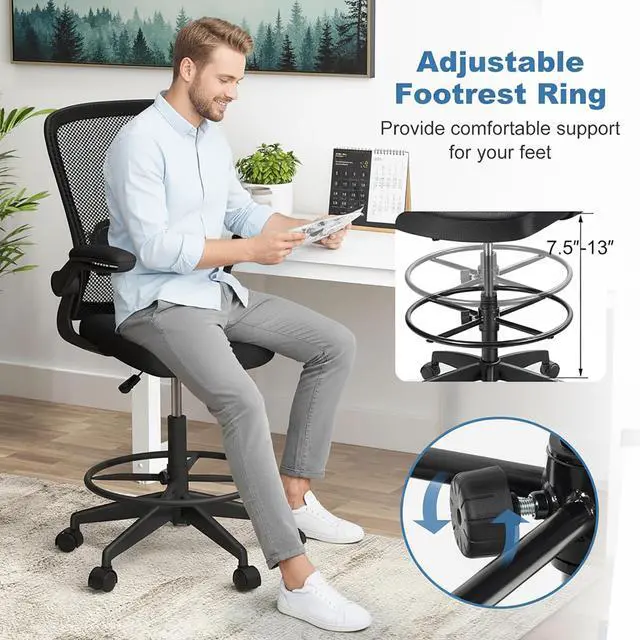 Alt view image 4 of 7 - Ergonomic Tall Office Chair with Adjustable Footrest, Black 1PCS | Drafting Chair Mesh High Back Desk Chair, Flip-up Armrests, 3IN 3D Foam Cushion, Adjustable Back Support for Home Office
