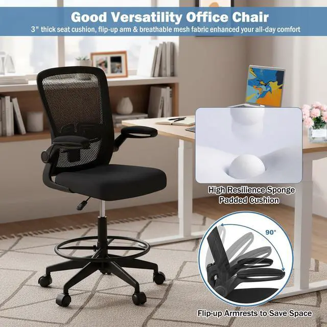 Alt view image 6 of 7 - Ergonomic Tall Office Chair with Adjustable Footrest, Black 1PCS | Drafting Chair Mesh High Back Desk Chair, Flip-up Armrests, 3IN 3D Foam Cushion, Adjustable Back Support for Home Office