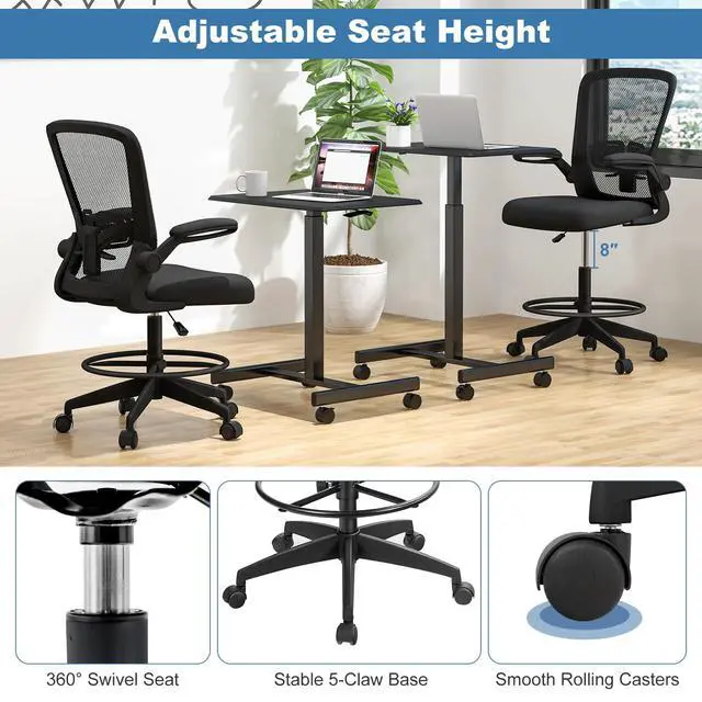 Alt view image 7 of 7 - Ergonomic Tall Office Chair with Adjustable Footrest, Black 1PCS | Drafting Chair Mesh High Back Desk Chair, Flip-up Armrests, 3IN 3D Foam Cushion, Adjustable Back Support for Home Office