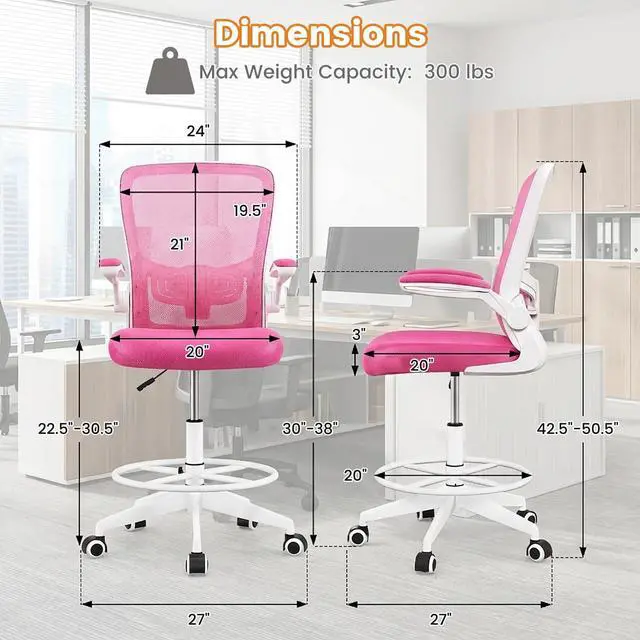 Alt view image 3 of 7 - Ergonomic Tall Office Chair with Adjustable Footrest, Rose Red 2 | Drafting Chair Mesh High Back Desk Chair, Flip-up Armrests, 3IN 3D Foam Cushion, Adjustable Back Support for Home Office