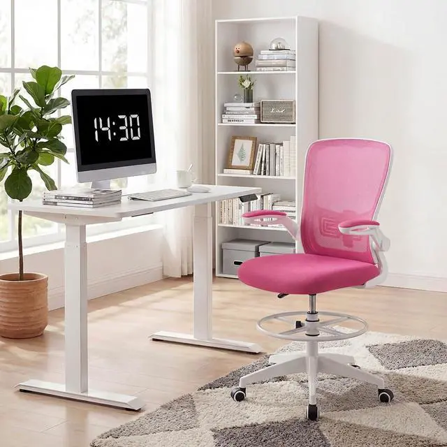 Alt view image 2 of 7 - Ergonomic Tall Office Chair with Adjustable Footrest, Rose Red 2 | Drafting Chair Mesh High Back Desk Chair, Flip-up Armrests, 3IN 3D Foam Cushion, Adjustable Back Support for Home Office