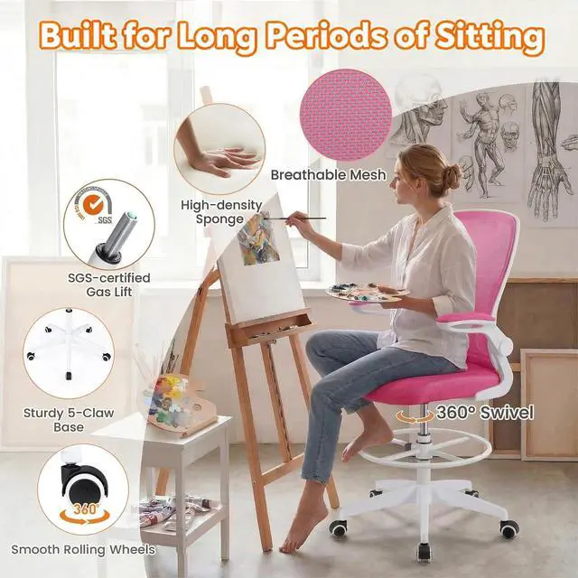 Alt view image 5 of 7 - Ergonomic Tall Office Chair with Adjustable Footrest, Rose Red 2 | Drafting Chair Mesh High Back Desk Chair, Flip-up Armrests, 3IN 3D Foam Cushion, Adjustable Back Support for Home Office