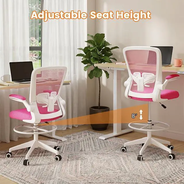 Alt view image 4 of 7 - Ergonomic Tall Office Chair with Adjustable Footrest, Rose Red 2 | Drafting Chair Mesh High Back Desk Chair, Flip-up Armrests, 3IN 3D Foam Cushion, Adjustable Back Support for Home Office