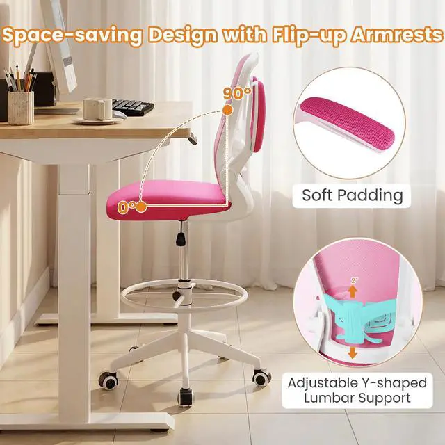 Alt view image 6 of 7 - Ergonomic Tall Office Chair with Adjustable Footrest, Rose Red 2 | Drafting Chair Mesh High Back Desk Chair, Flip-up Armrests, 3IN 3D Foam Cushion, Adjustable Back Support for Home Office