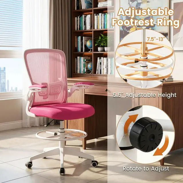 Alt view image 7 of 7 - Ergonomic Tall Office Chair with Adjustable Footrest, Rose Red 2 | Drafting Chair Mesh High Back Desk Chair, Flip-up Armrests, 3IN 3D Foam Cushion, Adjustable Back Support for Home Office