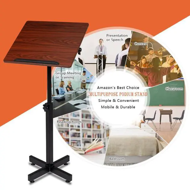 Alt view image 5 of 7 - Classic Lectern Podium Stand, Height Adjustable Church Classroom Lecture, Portable Presentation Concert Podium, Multi-Function Reading or Laptop Desk with Edge Stopper, Brown (Brown)