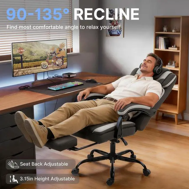 Alt view image 3 of 7 - Massage Office Chair with Heat Reclining High Back Desk Chair | Fabric massage office chair with lumbar heat, 8 vibration points, ergonomic support, footrest, and 90°-135°recline