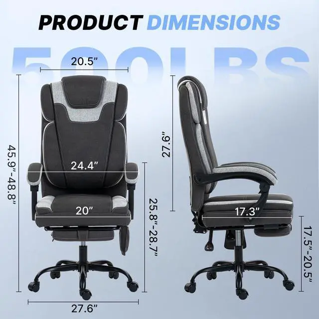 Alt view image 2 of 7 - Massage Office Chair with Heat Reclining High Back Desk Chair | Fabric massage office chair with lumbar heat, 8 vibration points, ergonomic support, footrest, and 90°-135°recline