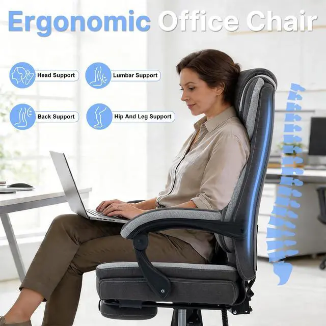 Alt view image 5 of 7 - Massage Office Chair with Heat Reclining High Back Desk Chair | Fabric massage office chair with lumbar heat, 8 vibration points, ergonomic support, footrest, and 90°-135°recline