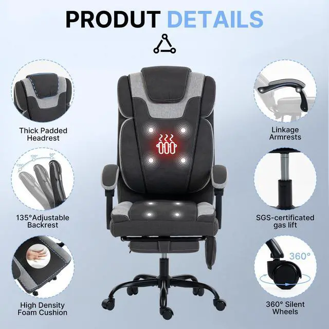 Alt view image 6 of 7 - Massage Office Chair with Heat Reclining High Back Desk Chair | Fabric massage office chair with lumbar heat, 8 vibration points, ergonomic support, footrest, and 90°-135°recline