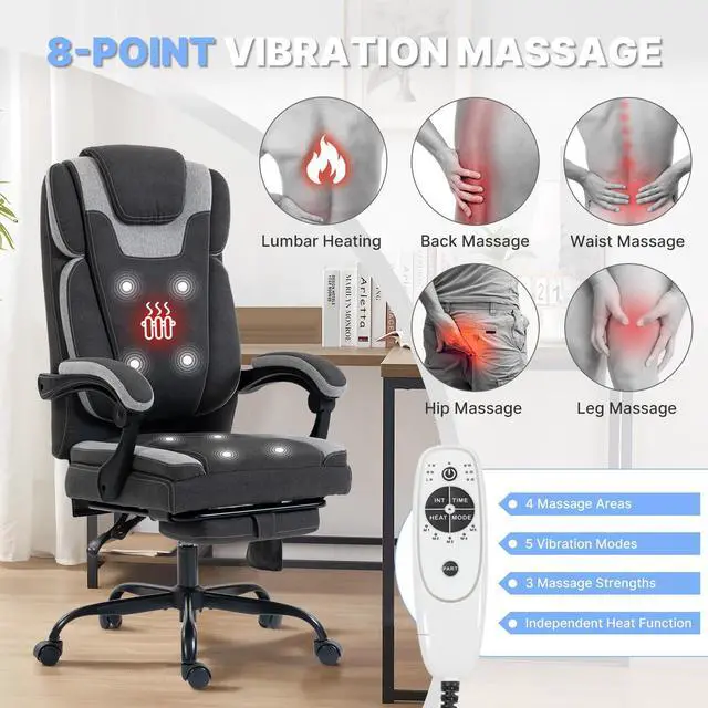 Alt view image 4 of 7 - Massage Office Chair with Heat Reclining High Back Desk Chair | Fabric massage office chair with lumbar heat, 8 vibration points, ergonomic support, footrest, and 90°-135°recline