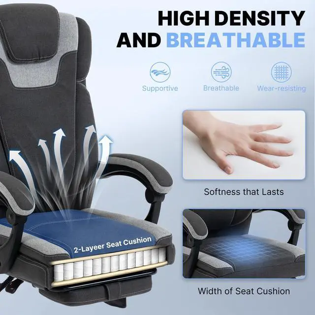 Alt view image 7 of 7 - Massage Office Chair with Heat Reclining High Back Desk Chair | Fabric massage office chair with lumbar heat, 8 vibration points, ergonomic support, footrest, and 90°-135°recline