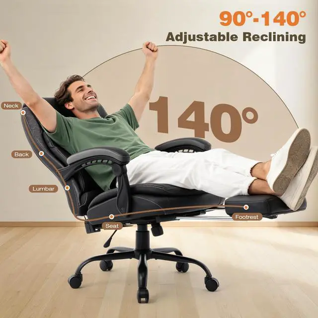 Alt view image 4 of 7 - Reclining Ergonomic Office Chair with Footrest | Big Tall Recliner Executive Desk Chair, Lumbar Support, 400lbs, Heavy Duty, High Back, Faux Leather