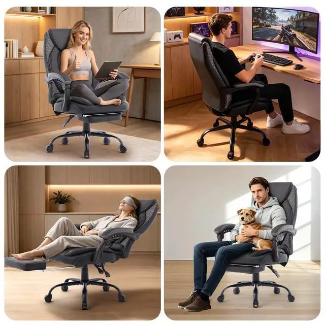 Alt view image 5 of 7 - Reclining Ergonomic Office Chair with Footrest | Big Tall Recliner Executive Desk Chair, Lumbar Support, 400lbs, Heavy Duty, High Back, Faux Leather