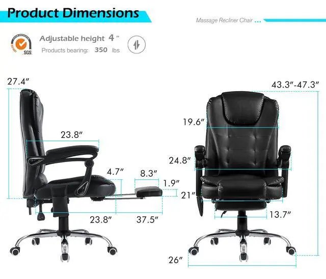 Alt view image 2 of 7 - Massage Office Chair w/Heat Function&Footrest | 7 Points Massage Office Chair Ergonomic Office Chair Leather Executive Home Desk Chair, High Back, Black
