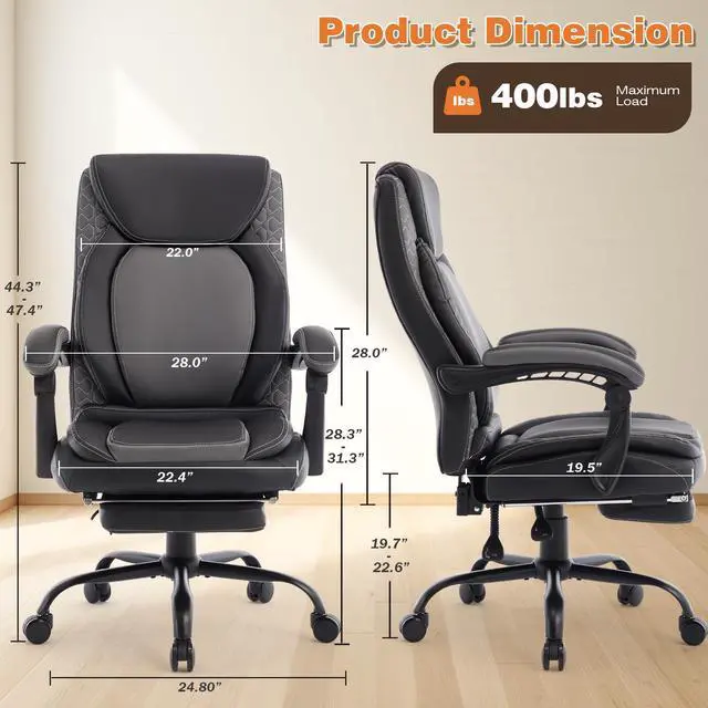 Alt view image 2 of 7 - Reclining Ergonomic Office Chair with Footrest | Big Tall Recliner Executive Desk Chair, Lumbar Support, 400lbs, Heavy Duty, High Back, Faux Leather