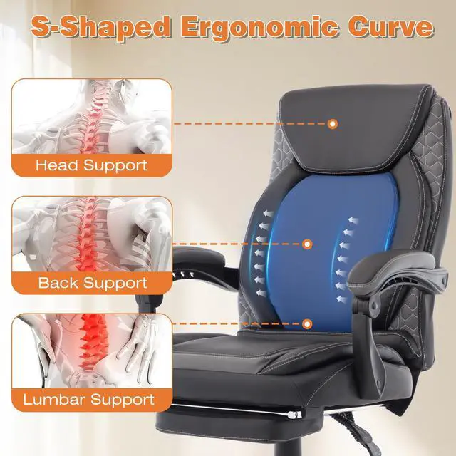 Alt view image 3 of 7 - Reclining Ergonomic Office Chair with Footrest | Big Tall Recliner Executive Desk Chair, Lumbar Support, 400lbs, Heavy Duty, High Back, Faux Leather