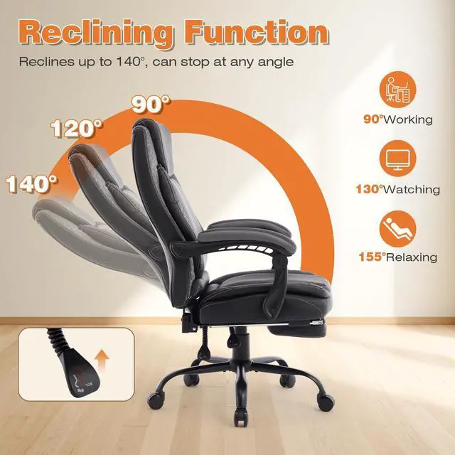 Alt view image 6 of 7 - Reclining Ergonomic Office Chair with Footrest | Big Tall Recliner Executive Desk Chair, Lumbar Support, 400lbs, Heavy Duty, High Back, Faux Leather