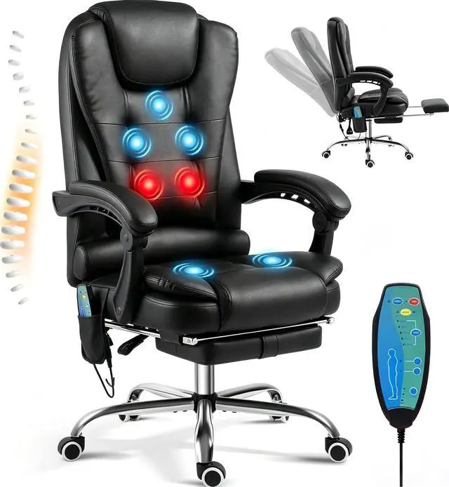 Main image of Massage Office Chair w/Heat Function&Footrest | 7 Points Massage Office Chair Ergonomic Office Chair Leather Executive Home Desk Chair, High Back, Black