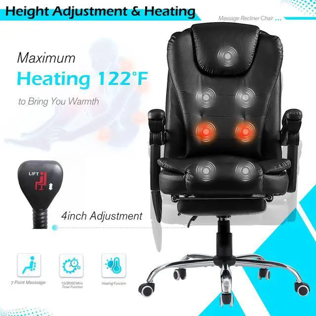 Alt view image 3 of 7 - Massage Office Chair w/Heat Function&Footrest | 7 Points Massage Office Chair Ergonomic Office Chair Leather Executive Home Desk Chair, High Back, Black
