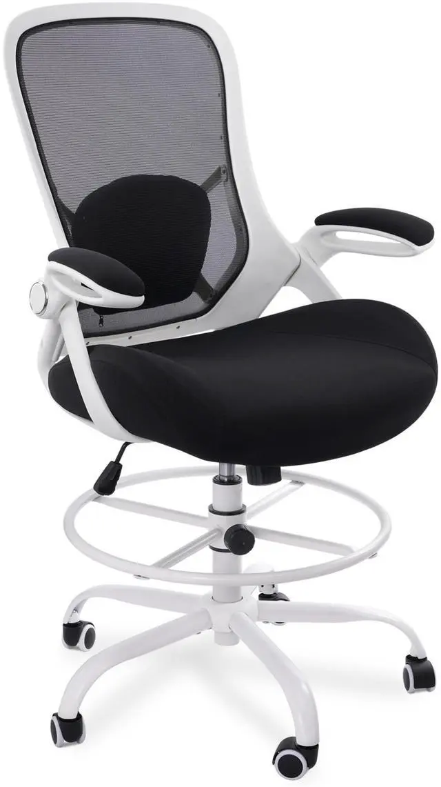 Main image of 400lbs Heavy Duty Drafting Chair 5" Thickened Seat Office Chair with Flip-Up Armrests Tall Ergonomic Computer Chair with Lumbar Support and Adjustable Footrest Ring Standing Desk Chair (Black)