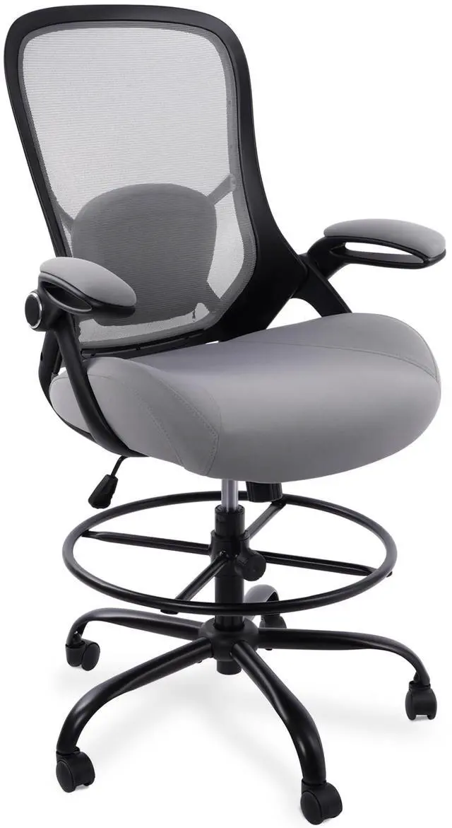 Main image of 400lbs Heavy Duty Drafting Chair 5" Thickened Seat Office Chair with Flip-Up Armrests Tall Ergonomic Computer Chair with Lumbar Support and Adjustable Footrest Ring Standing Desk Chair(Grey)