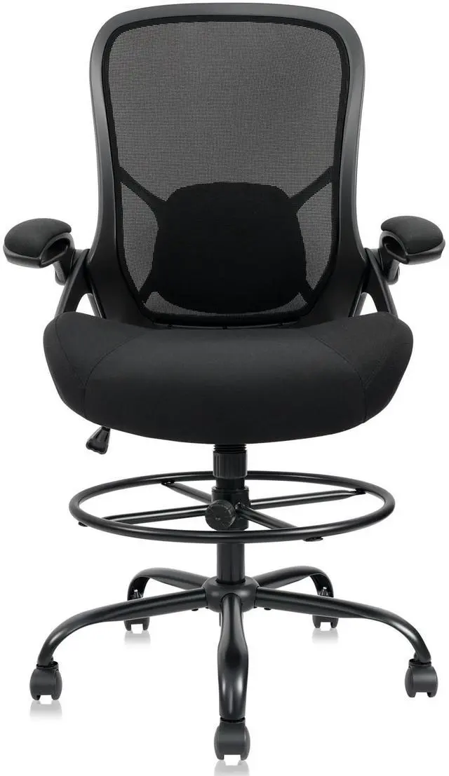 Main image of 400lbs Big and Tall Heavy Duty Drafting Chair 5" Thickened Seat Tall Office Chair Flip-Up Armrests Ergonomic Chair with Lumbar Support and Adjustable Footrest Ring Standing Desk Chair (Black)