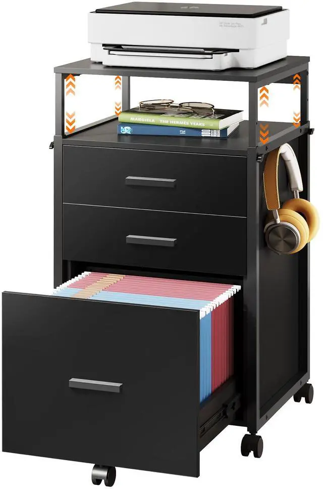 Main image of 3 Drawer Mobile File Cabinet with Adjustable Shelves, Black | Rolling Wooden Filing Cabinet Mobile Printer Stand for Home Office, 15.7" D x 17.7" W x 40.3" H