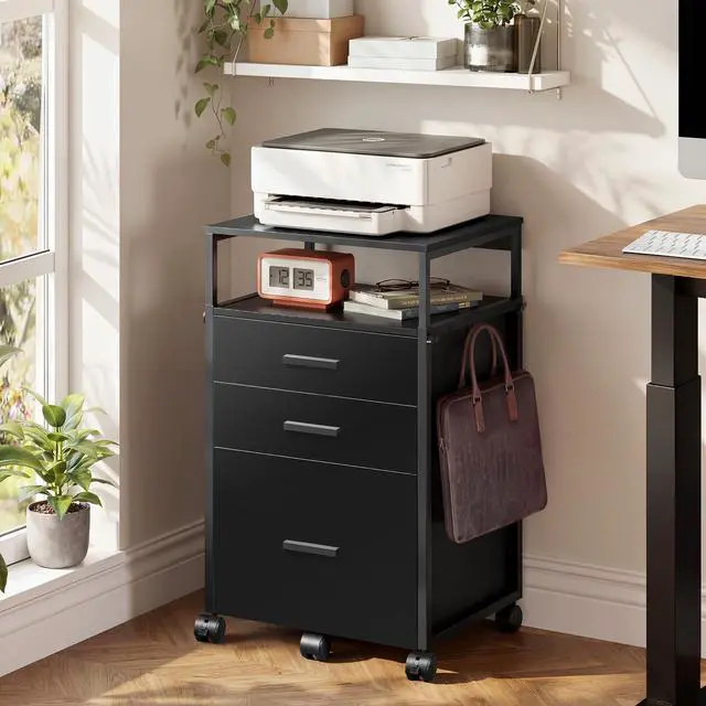 Alt view image 2 of 7 - 3 Drawer Mobile File Cabinet with Adjustable Shelves, Black | Rolling Wooden Filing Cabinet Mobile Printer Stand for Home Office, 15.7" D x 17.7" W x 40.3" H