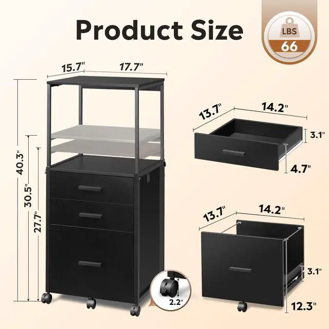 Alt view image 3 of 7 - 3 Drawer Mobile File Cabinet with Adjustable Shelves, Black | Rolling Wooden Filing Cabinet Mobile Printer Stand for Home Office, 15.7" D x 17.7" W x 40.3" H