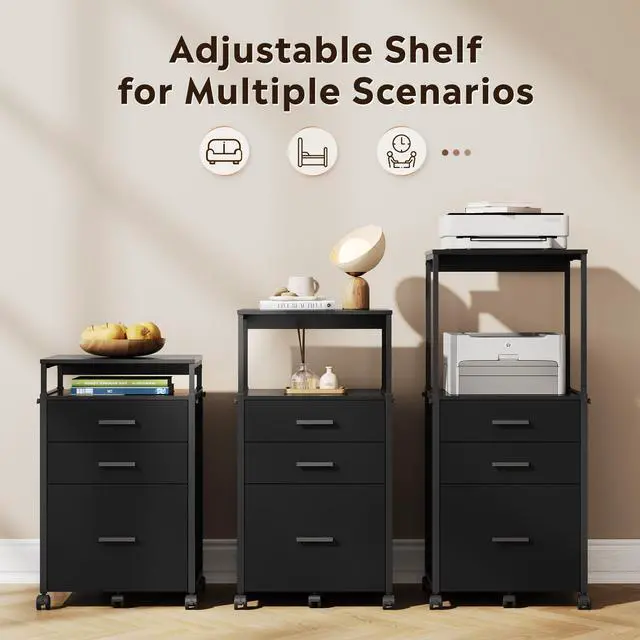 Alt view image 4 of 7 - 3 Drawer Mobile File Cabinet with Adjustable Shelves, Black | Rolling Wooden Filing Cabinet Mobile Printer Stand for Home Office, 15.7" D x 17.7" W x 40.3" H