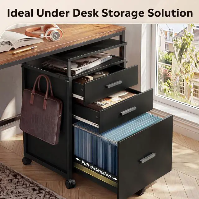 Alt view image 6 of 7 - 3 Drawer Mobile File Cabinet with Adjustable Shelves, Black | Rolling Wooden Filing Cabinet Mobile Printer Stand for Home Office, 15.7" D x 17.7" W x 40.3" H
