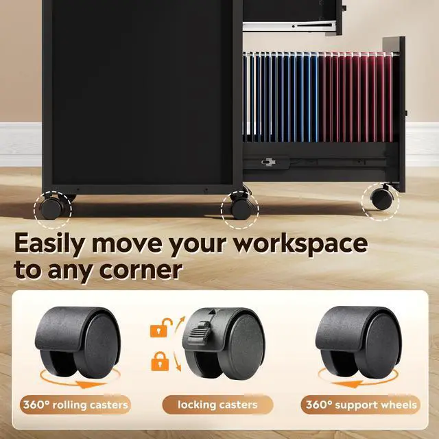 Alt view image 7 of 7 - 3 Drawer Mobile File Cabinet with Adjustable Shelves, Black | Rolling Wooden Filing Cabinet Mobile Printer Stand for Home Office, 15.7" D x 17.7" W x 40.3" H