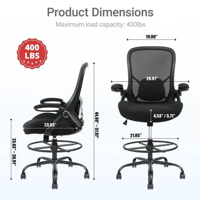 Alt view image 2 of 7 - 400lbs Big and Tall Heavy Duty Drafting Chair 5" Thickened Seat Tall Office Chair Flip-Up Armrests Ergonomic Chair with Lumbar Support and Adjustable Footrest Ring Standing Desk Chair (Black)
