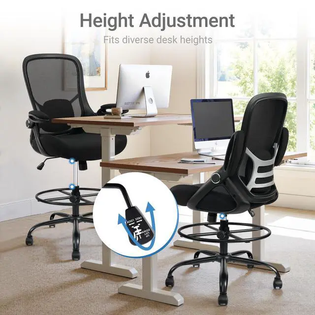 Alt view image 3 of 7 - 400lbs Big and Tall Heavy Duty Drafting Chair 5" Thickened Seat Tall Office Chair Flip-Up Armrests Ergonomic Chair with Lumbar Support and Adjustable Footrest Ring Standing Desk Chair (Black)