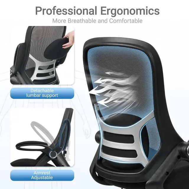 Alt view image 4 of 7 - 400lbs Big and Tall Heavy Duty Drafting Chair 5" Thickened Seat Tall Office Chair Flip-Up Armrests Ergonomic Chair with Lumbar Support and Adjustable Footrest Ring Standing Desk Chair (Black)