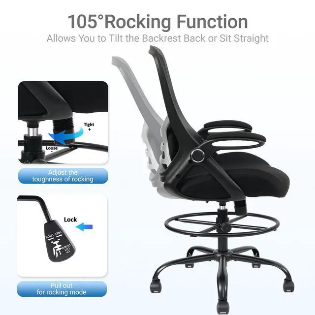 Alt view image 5 of 7 - 400lbs Big and Tall Heavy Duty Drafting Chair 5" Thickened Seat Tall Office Chair Flip-Up Armrests Ergonomic Chair with Lumbar Support and Adjustable Footrest Ring Standing Desk Chair (Black)