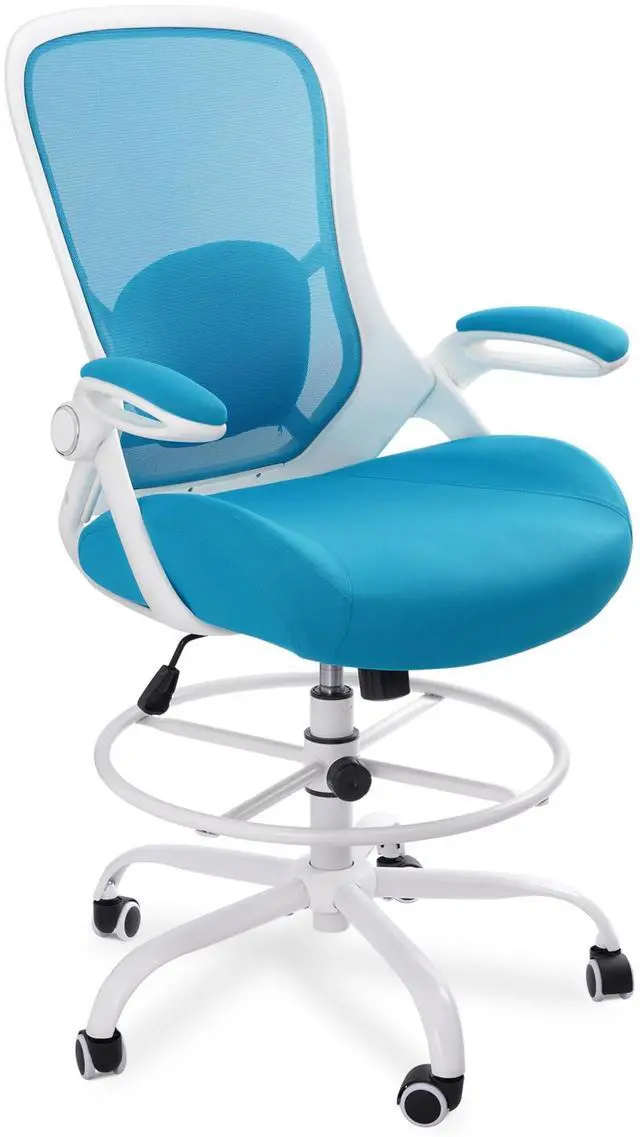Main image of 400lbs Heavy Duty Drafting Chair 5" Thickened Seat Office Chair with Flip-Up Armrests Tall Ergonomic Computer Chair with Lumbar Support and Adjustable Footrest Ring Standing Desk Chair (Blue)