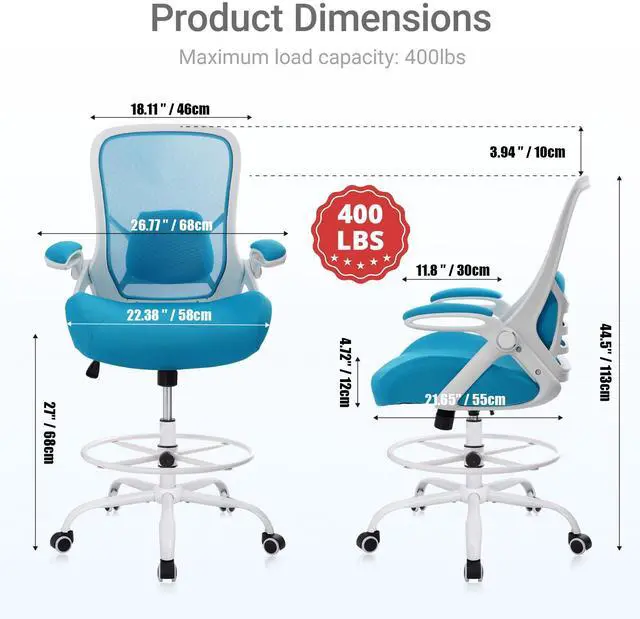 Alt view image 2 of 7 - 400lbs Heavy Duty Drafting Chair 5" Thickened Seat Office Chair with Flip-Up Armrests Tall Ergonomic Computer Chair with Lumbar Support and Adjustable Footrest Ring Standing Desk Chair (Blue)