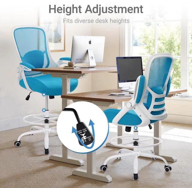 Alt view image 3 of 7 - 400lbs Heavy Duty Drafting Chair 5" Thickened Seat Office Chair with Flip-Up Armrests Tall Ergonomic Computer Chair with Lumbar Support and Adjustable Footrest Ring Standing Desk Chair (Blue)