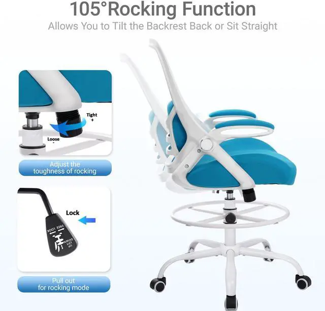 Alt view image 4 of 7 - 400lbs Heavy Duty Drafting Chair 5" Thickened Seat Office Chair with Flip-Up Armrests Tall Ergonomic Computer Chair with Lumbar Support and Adjustable Footrest Ring Standing Desk Chair (Blue)