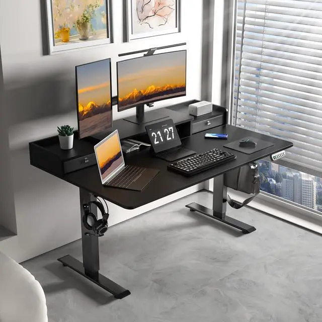 Alt view image 2 of 7 - 55 x 30 Inch Electric Standing Desk with 2 Drawers, Adjustable Height Widened Stand Up Desk with Storage, Sit to Stand Ergonomic Workstation for Home Office, Classic Black