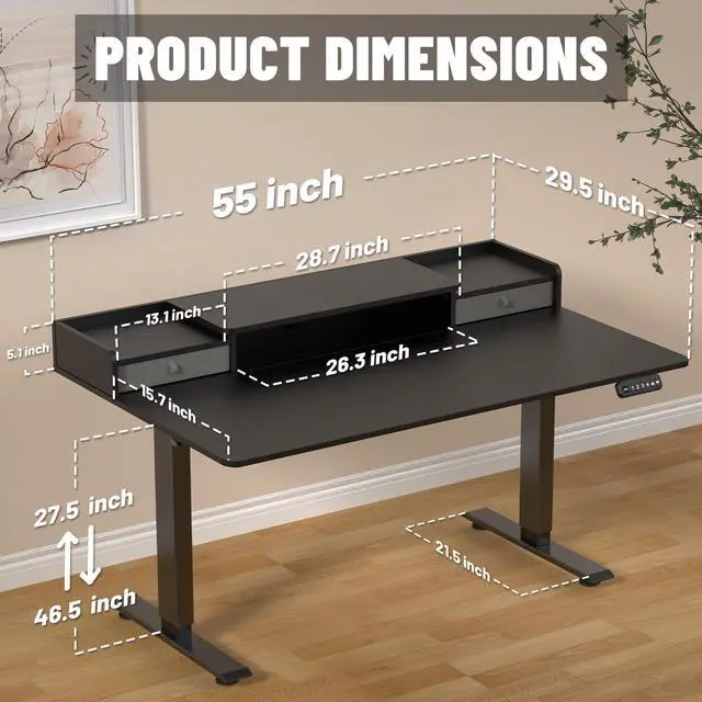 Alt view image 3 of 7 - 55 x 30 Inch Electric Standing Desk with 2 Drawers, Adjustable Height Widened Stand Up Desk with Storage, Sit to Stand Ergonomic Workstation for Home Office, Classic Black
