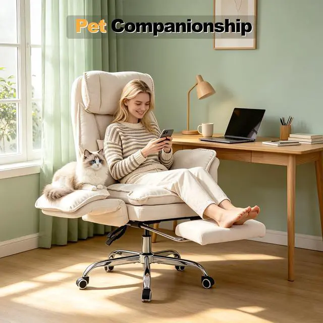 Alt view image 3 of 7 - Office Chair with Flip Armrests & Foot Rest,Criss Cross Legged Home Office Desk Chair with Pet Seat,Ergonomic Reclining Computer Gaming Chair,High Back Executive Chair with Lumbar Pillow(White)