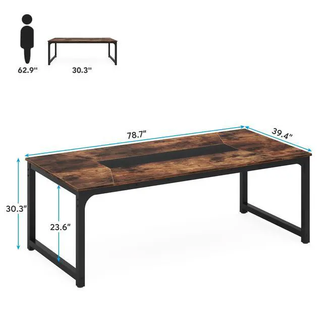 Alt view image 2 of 7 - Conference Table, 6FT Meeting Seminar Table Rectangular Meeting Room Table, 78.7L x 39.4W x 30.3H, Rustic Brown/Black